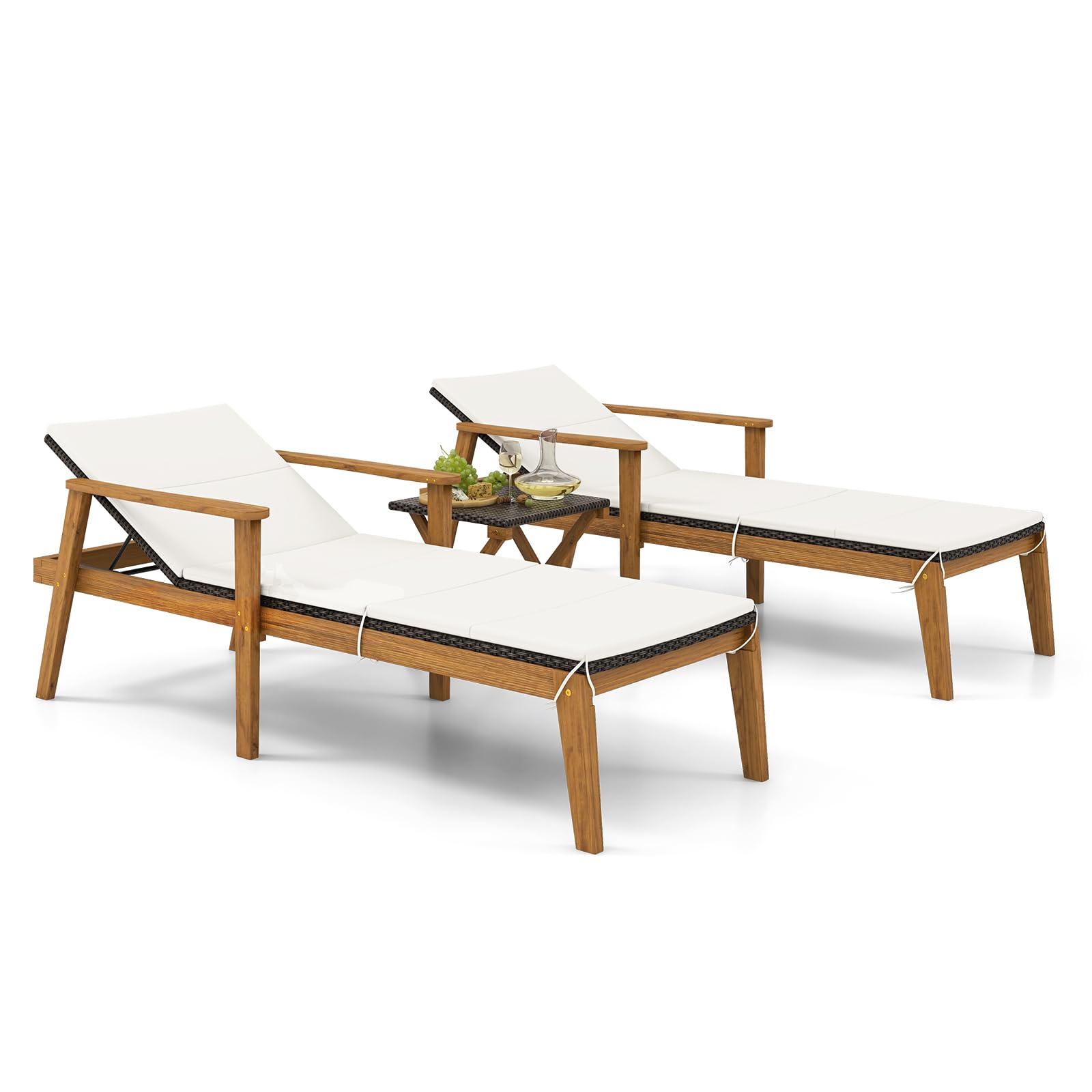 Tangkula Ensemble de 3 chaises longues d'extérieur, 2 chaises longues de patio en rotin rembourrées avec table basse pliante